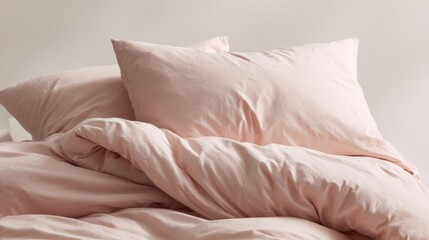 Soft pink duvet and pillows lying on an inviting bed, indicating comfort, relaxation, and a peaceful sleeping environment, ideal for a tranquil bedroom setup