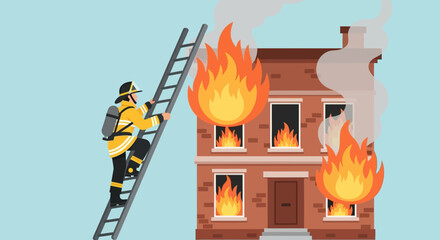 Firefighter climbing ladder to burning house with flames visible at windows and smoke billowing. © baedowi