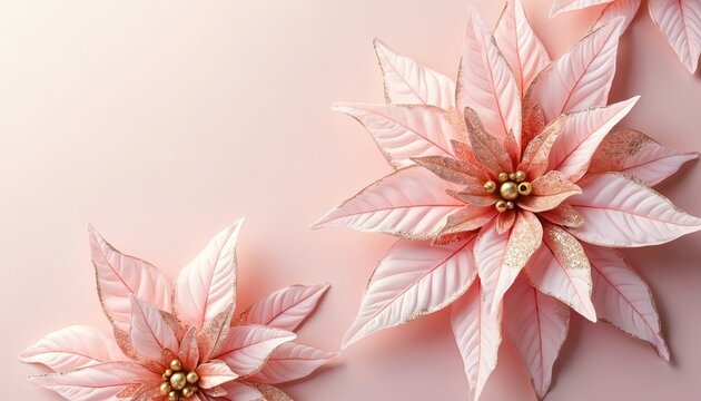 Elegant pink poinsettias with gold glitter accents rest on a soft pink background. These festive blooms add a touch of luxury and winter charm to any holiday decor.