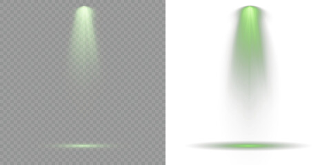 Light sources, concert lighting, stage spotlights. Projection studio lights beam. Overlay effects simulate professional studio illumination. Floodlight beam, illuminated spotlights. Vector Spotlights.