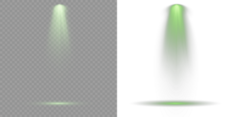 Light sources, concert lighting, stage spotlights. Projection studio lights beam. Overlay effects simulate professional studio illumination. Floodlight beam, illuminated spotlights. Vector Spotlights.