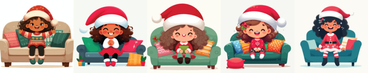 vector little girl sitting on sofa at christmas