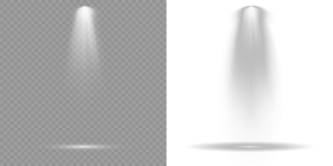Stage lighting creates dramatic beams in concert visuals. Transparent background. Projection studio lights beam. Row of spotlights. Overlay effects simulate professional studio illumination. Scene.