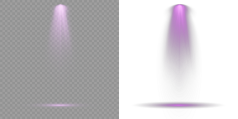 Overlay effects simulate professional studio illumination. Floodlight beam, illuminated spotlights. Concert lighting set includes soft beams. Scene. Projection studio lights beam. Vector Spotlights.