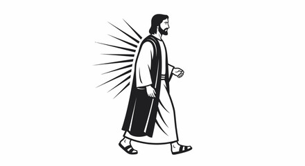 Illustration of Jesus Christ walking with a halo of light rays behind him.