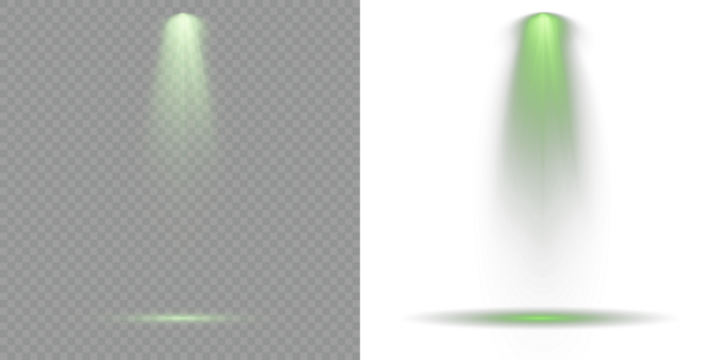 Light sources, concert lighting, stage spotlights. Projection studio lights beam. Overlay effects simulate professional studio illumination. Floodlight beam, illuminated spotlights. Vector Spotlights.