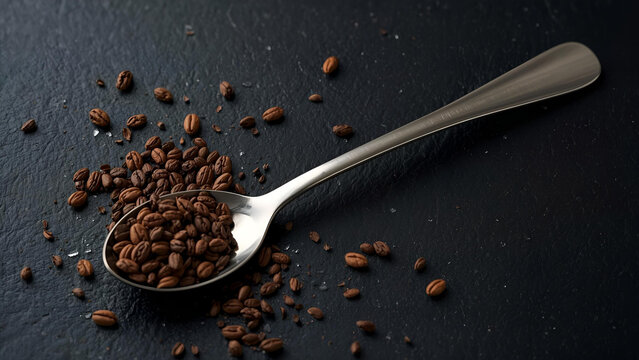 Top View of Instant Coffee Granules in a Metal Spoon on a Dark Slate Background