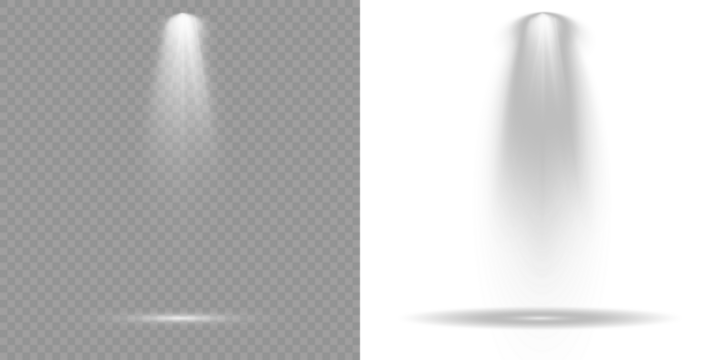 Stage lighting creates dramatic beams in concert visuals. Transparent background. Projection studio lights beam. Row of spotlights. Overlay effects simulate professional studio illumination. Scene.