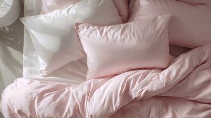 Cozy and comfortable bed with soft pink linen, duvet, and pillows creating a welcoming atmosphere for morning relaxation and sweet dreams in a modern bedroom interior