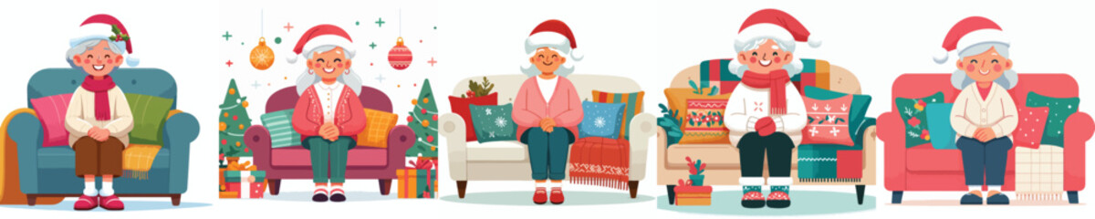 vector grandma sitting on sofa at christmas
