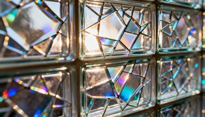 Close-up view of decorative glass blocks with geometric patterns reflecting light and creating colorful refractions.