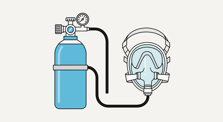 Illustration of an oxygen tank connected via tube to a full face mask, with a gauge on the tank.
