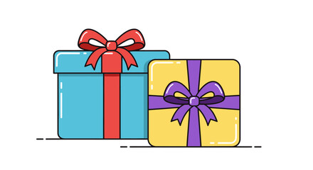 Two stylized gift boxes, one blue with a red ribbon and bow, the other yellow with a purple ribbon and bow, isolated on white.