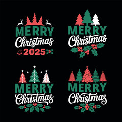 Christmas festive greeting designs with trees, holly, and deer, Christmas t-shirt Design