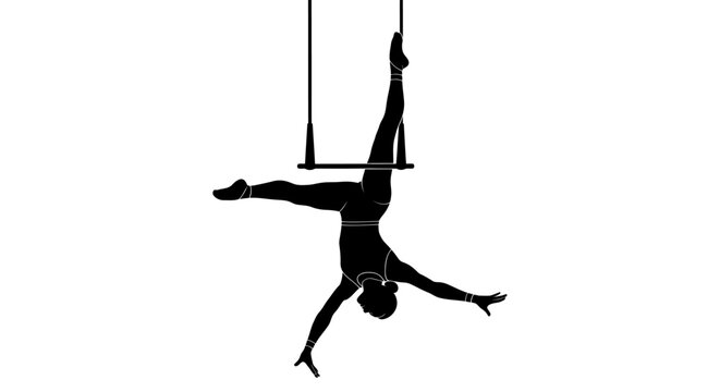 Silhouette of a female acrobat performing a split on a trapeze, with arms extended for balance, against a white background.