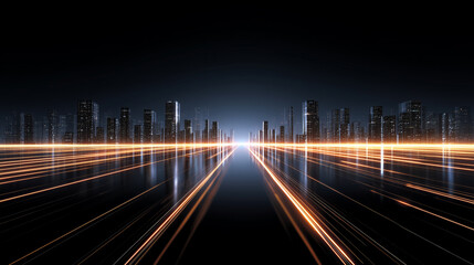 Golden Light Trails Futuristic City Skyline on Dark Background