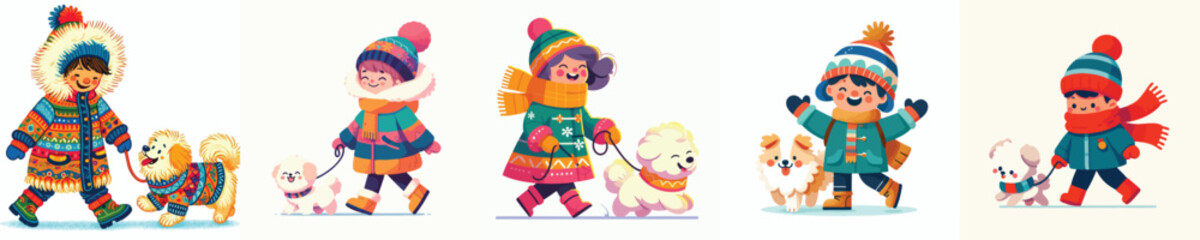vector children walking with pet dog in winter