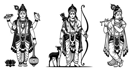 Hindu Gods Vector Set Lord Vishnu Lord Rama and Lord Krishna Illustration