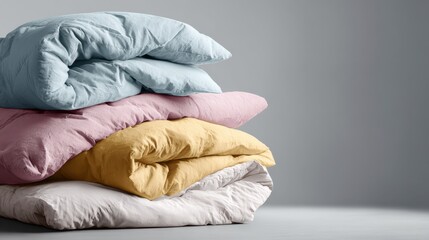 Stacked soft cotton comforters in various pastel colors creating a cozy and clean bedding arrangement against a neutral background, representing comfort and domestic life