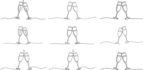 Line art of glasses with champagne, modern minimalist art set on white background.