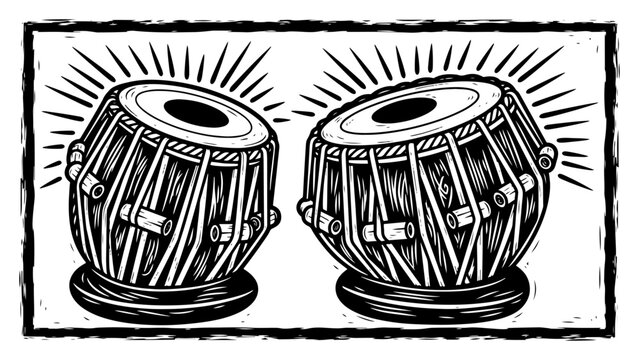 Tabla Indian Drums Hand Drawn Woodcut Style Vector Illustration