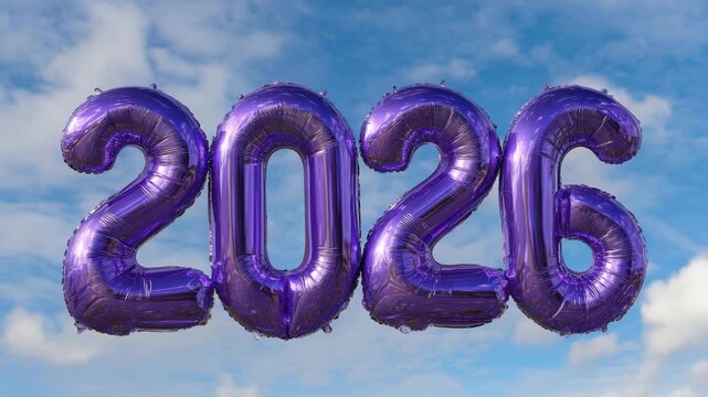 Purple balloon numbers 2026 against blue sky and clouds