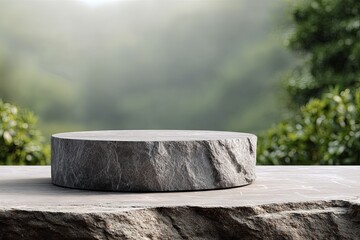 Stone stage Nature podium for product display Outdoor forest background.