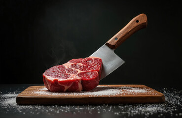 Raw tomahawk steak rests on wood board with coarse salt. Butcher cleaver knife slices thick marbled beef cut. Preparation for grill or bar-b-q meal.