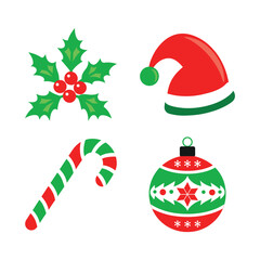 A set of Christmas icons featuring a bell, snowman, candy cane, and holly leaves with berries in a flat style on a white background. Festive holiday concept. Vector illustration