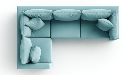 Modern l shaped sectional sofa in pastel turquoise color, seen from a top aerial view, with fluffy cushions providing comfort and minimalist design on a white background