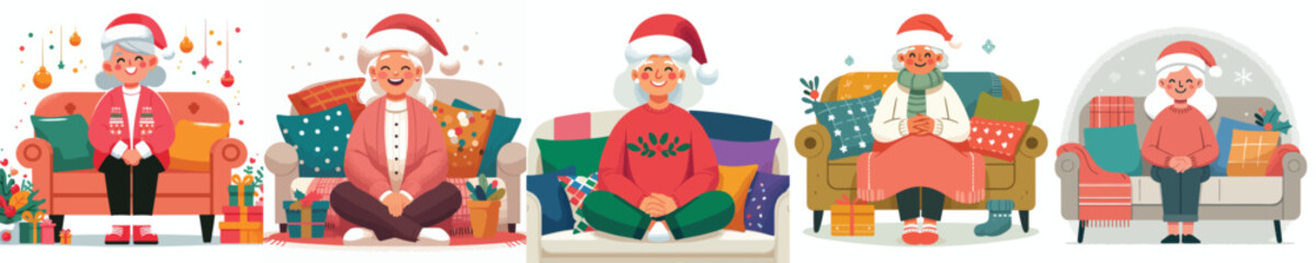 vector grandmother sitting on sofa at christmas