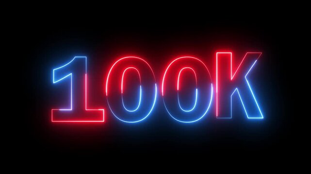 Glowing neon red and blue color 100k number text icon animation followers or subscribers and like comment letter celebration on black background