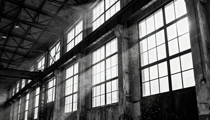 Black and white view inside an old industrial building with large windows and light streaming through.