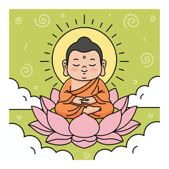 Cute Buddha Cartoon Meditating on Lotus Flower. Kawaii Spiritual Zen Vector Illustration.