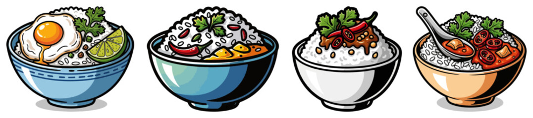 Asian Food Rice Bowl Vector Set. Collection of Traditional Japanese Thai and Korean Cuisine Illustrations.