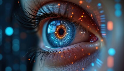 Close-up human eye displays digital iris overlay with data streams. Futuristic vision system with glowing circuits analyzes information. Cybernetic vision technology for future identification.