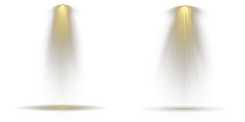 Bright spotlights shine down, forming focused light circles. Stage spotlights emit strong white directional light beams. Light Effects. Transparent background. Row of spotlights. Vector Spotlights.