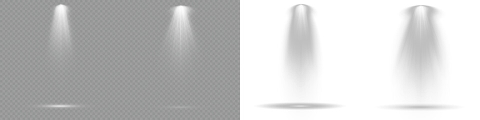 Transparent background. Vector Spotlights. Transparent allows seamless web or poster use. Bright spotlights shine down, forming focused light circles. Floodlight beam, illuminated spotlights. Scene.