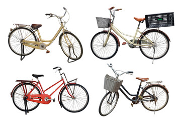 side view four antique color bicycles on white background, decor, object, fashion, transporation, ancient, copy space