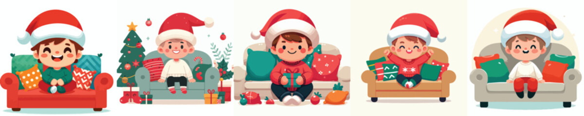 vector little boy sitting on sofa at christmas
