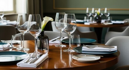 Elegant restaurant table setting with wine glasses and cutlery ready for fine dining experience