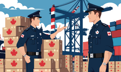 Canada trade war tariffs war customs officers inspecting shipping containers and export cargo boxes with Canadian flags at port city background website banner.