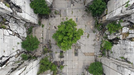 Aerial drone view of an abandoned concrete industrial building with cracked floors and walls, overrun by lush green trees and vegetation showing nature reclaiming urban decay