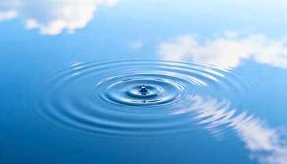 A single water drop creates concentric ripples on a calm surface reflecting the blue sky and clouds.