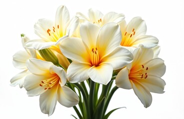 White flowers bloom in fresh bouquet. Yellow centers glow with delicate stamens. Green stems support elegant blossom. Isolated on clean white background. Ideal for beauty spa wedding perfume products.