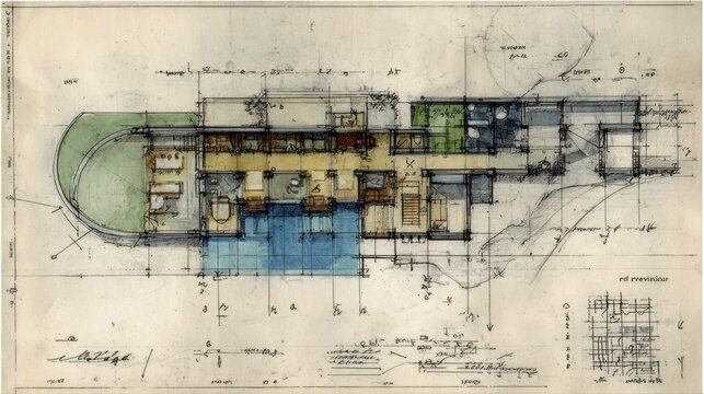 Architectural floor plan showing a detailed. Hand drawn design with watercolor washes outlining individual rooms and an outdoor area