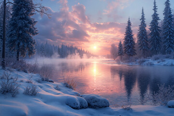 Misty winter forest lake at sunrise with snow-covered pines and clouds reflecting on calm water, representing serene nature and peaceful solitude