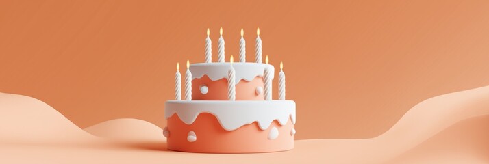 Orange and white two-tier birthday cake with lit candles on peach background