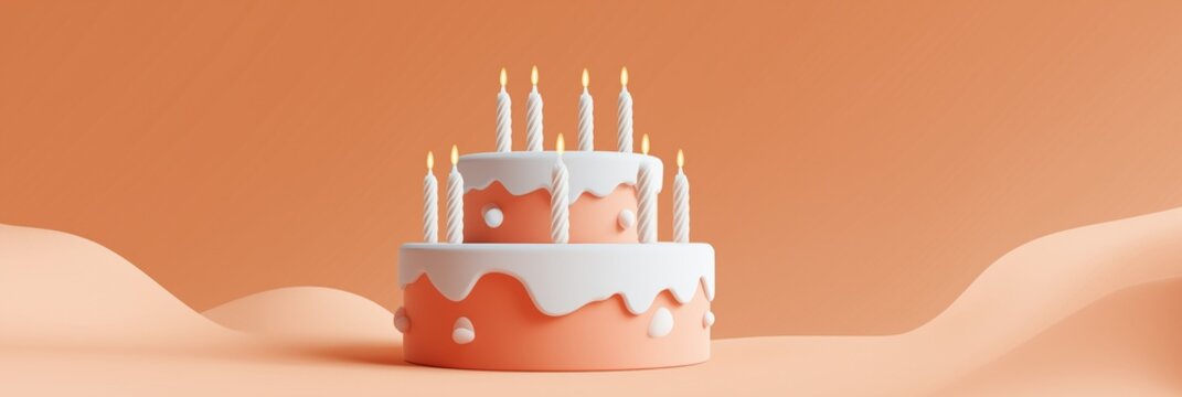 Orange and white two-tier birthday cake with lit candles on peach background