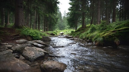 A clear forest stream flows over rocks surrounded by lush green trees and mossy banks under an overcast sky